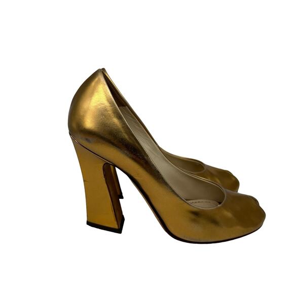 Yves Saint Laurent Metallic Gold Chunky Heel Peep Toe Pumps EUC 37 US 6.5 - Picture 11 of 16
